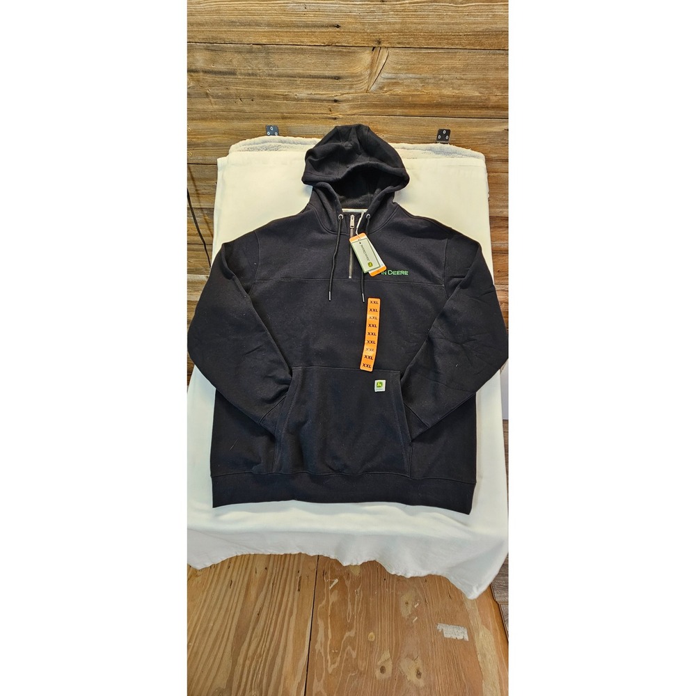 John Deere Mens XXL Black Quarter Zip Hoodie Embroidered Logo Sweatshirt NEW